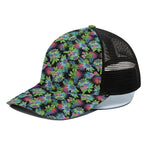 Psychedelic Hawaiian Flower Print Black Mesh Trucker Cap