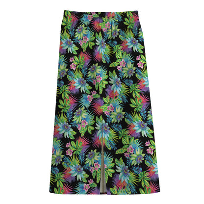 Psychedelic Hawaiian Flower Print Cotton Front Slit Maxi Skirt