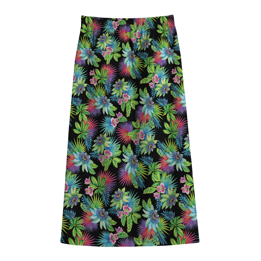 Psychedelic Hawaiian Flower Print Cotton Front Slit Maxi Skirt