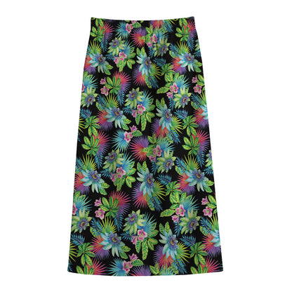 Psychedelic Hawaiian Flower Print Cotton Front Slit Maxi Skirt