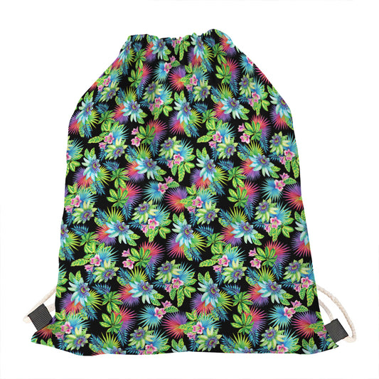 Psychedelic Hawaiian Flower Print Drawstring Bag
