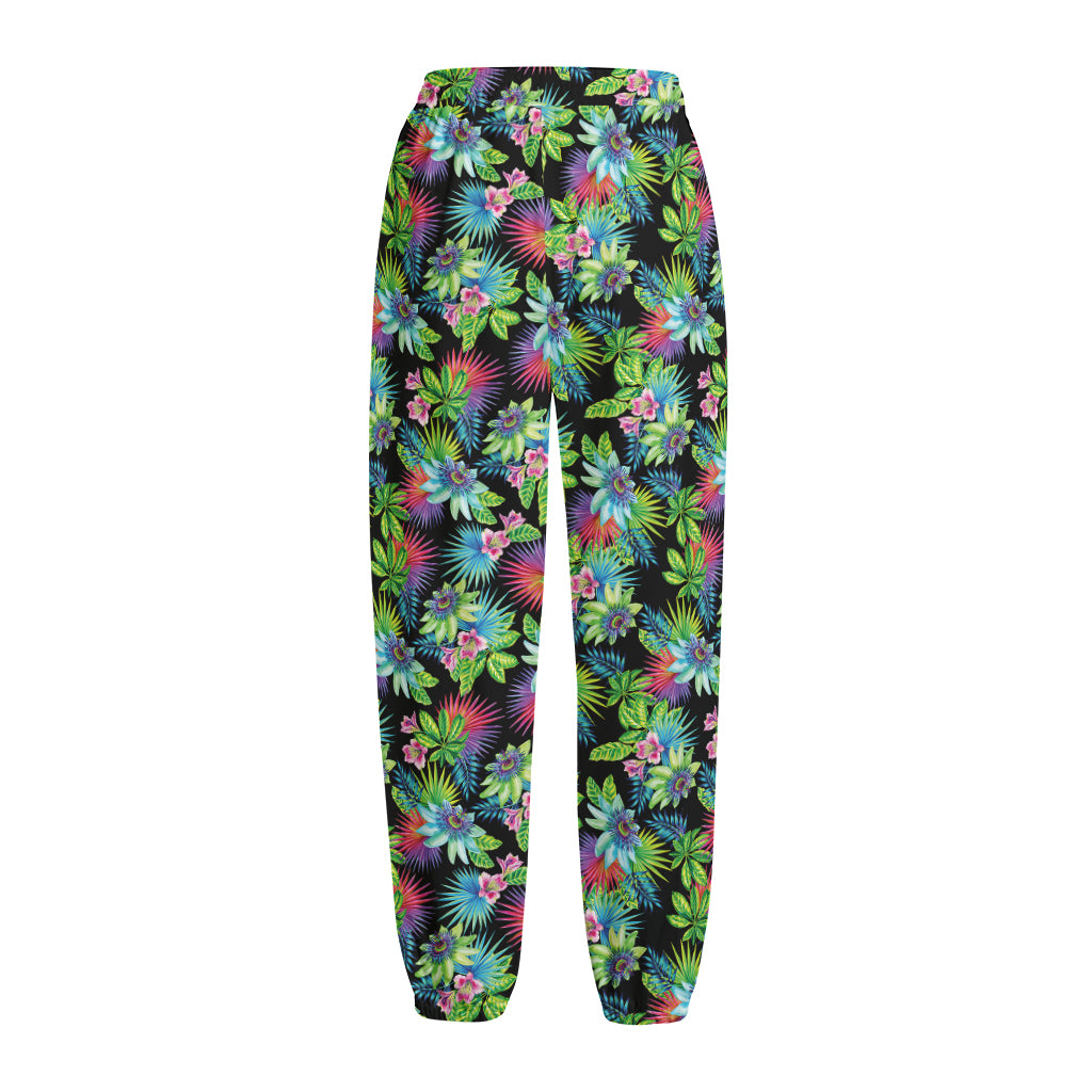 Psychedelic Hawaiian Flower Print Fleece Lined Knit Pants