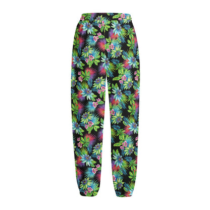 Psychedelic Hawaiian Flower Print Fleece Lined Knit Pants