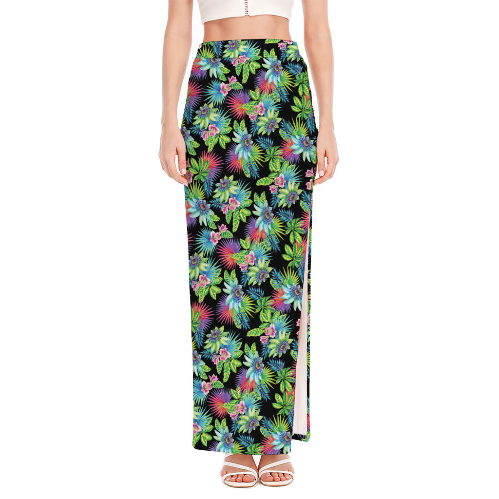 Psychedelic Hawaiian Flower Print High Slit Maxi Skirt