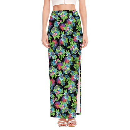 Psychedelic Hawaiian Flower Print High Slit Maxi Skirt