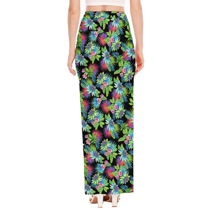 Psychedelic Hawaiian Flower Print High Slit Maxi Skirt