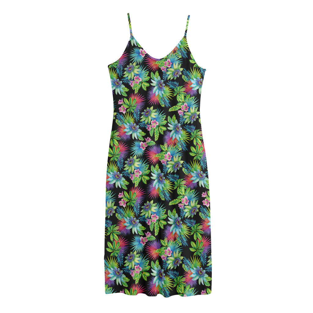 Psychedelic Hawaiian Flower Print Jersey Midi Cami Dress