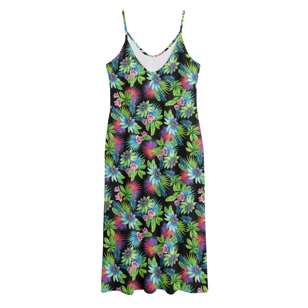 Psychedelic Hawaiian Flower Print Jersey Midi Cami Dress