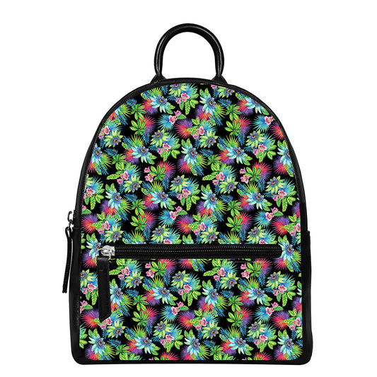 Psychedelic Hawaiian Flower Print Leather Backpack