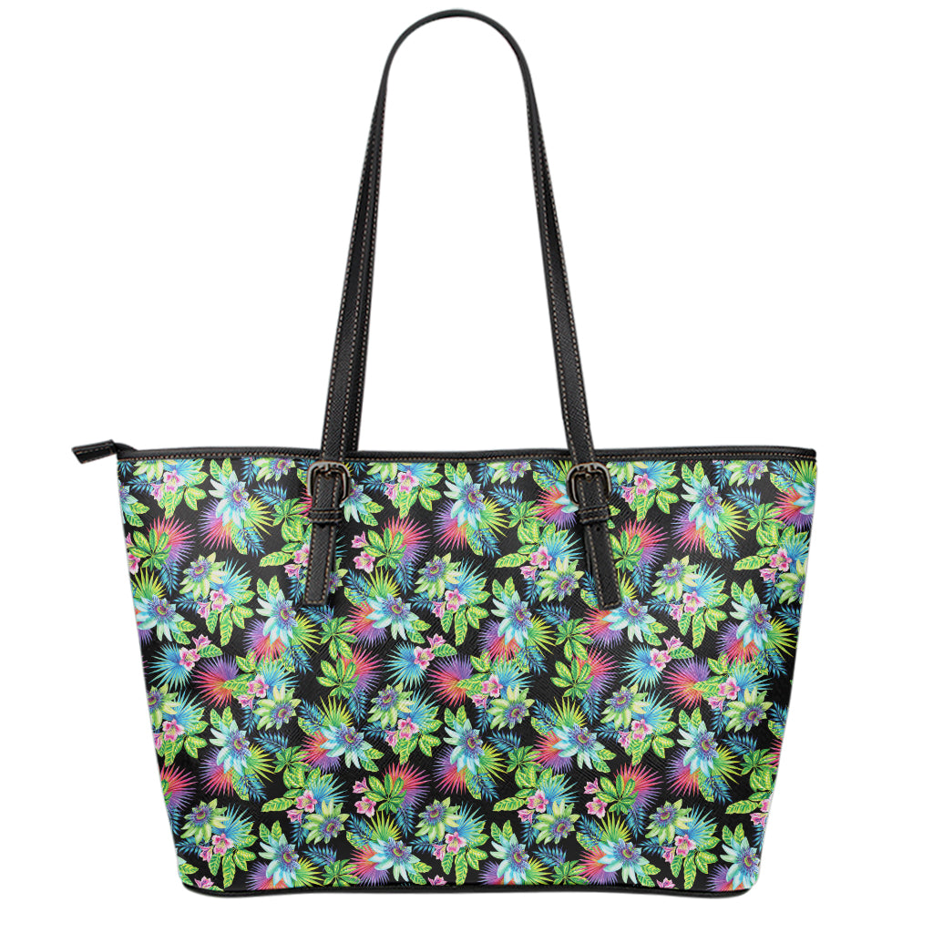 Psychedelic Hawaiian Flower Print Leather Tote Bag