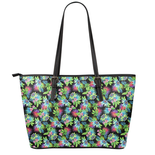 Psychedelic Hawaiian Flower Print Leather Tote Bag