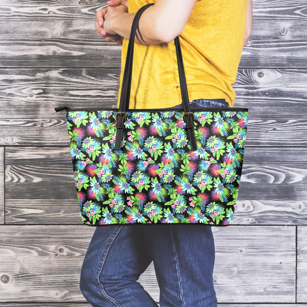 Psychedelic Hawaiian Flower Print Leather Tote Bag