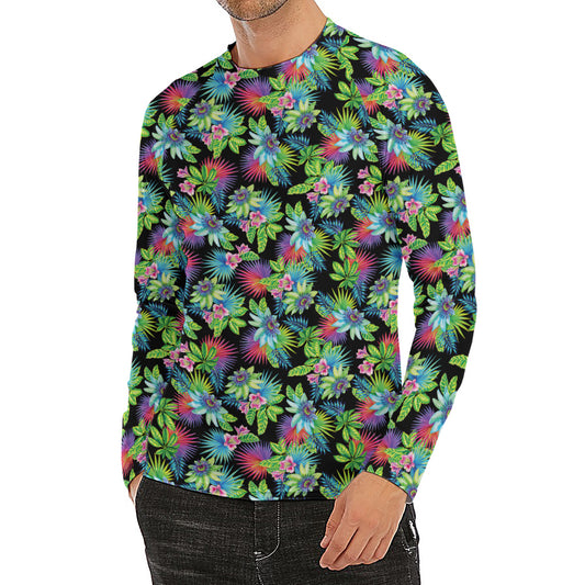 Psychedelic Hawaiian Flower Print Men's Long Sleeve Rash Guard