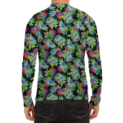 Psychedelic Hawaiian Flower Print Men's Long Sleeve Rash Guard