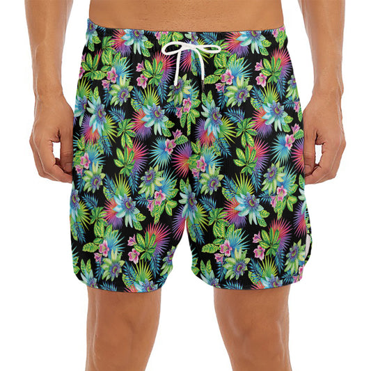 Psychedelic Hawaiian Flower Print Men's Split Running Shorts