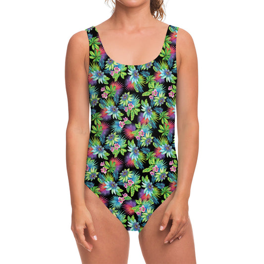 Psychedelic Hawaiian Flower Print One Piece Swimsuit