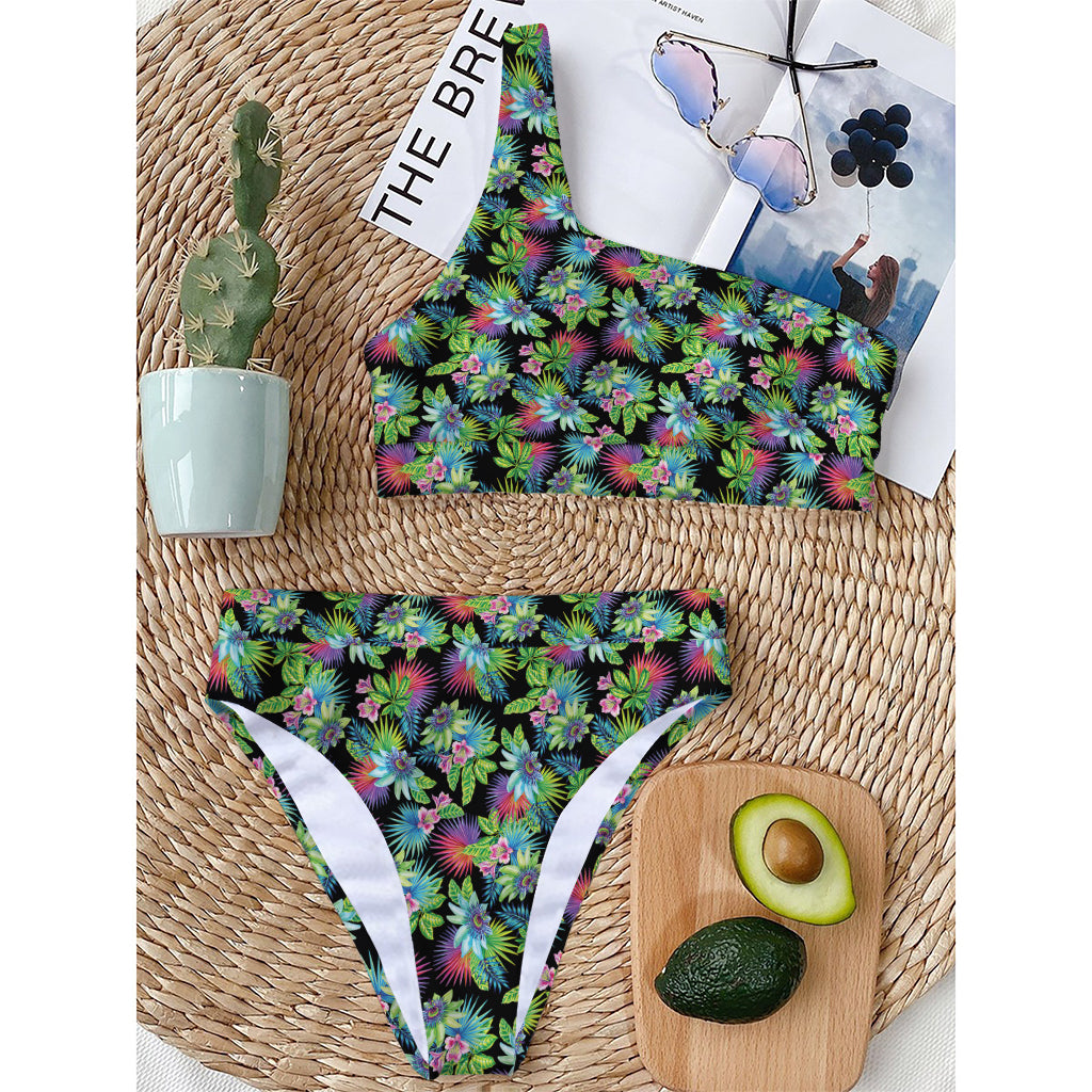 Psychedelic Hawaiian Flower Print One Shoulder Bikini Top