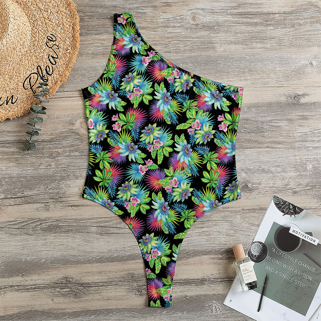 Psychedelic Hawaiian Flower Print One Shoulder Bodysuit