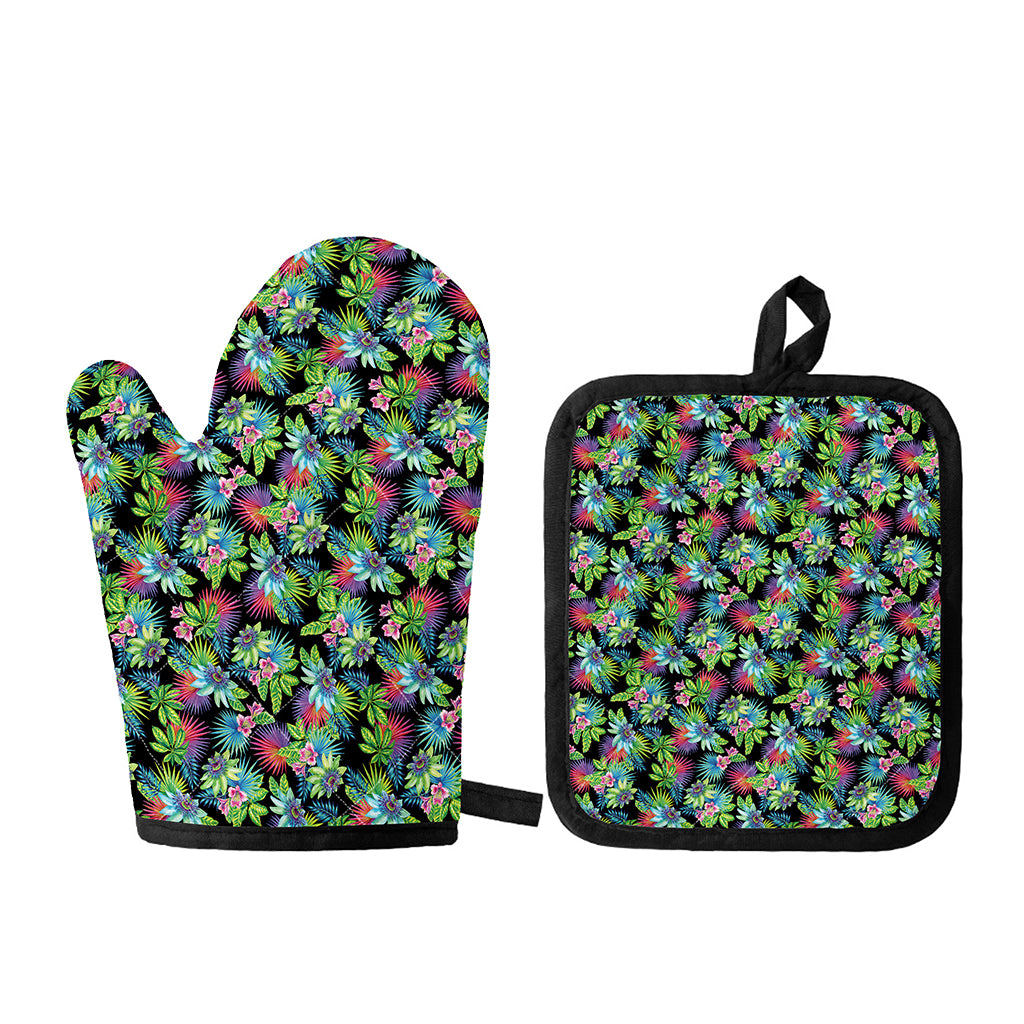 Psychedelic Hawaiian Flower Print Oven Mitt And Pot Holder Set