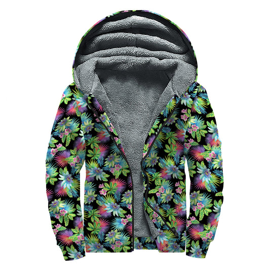 Psychedelic Hawaiian Flower Print Sherpa Lined Zip Up Hoodie