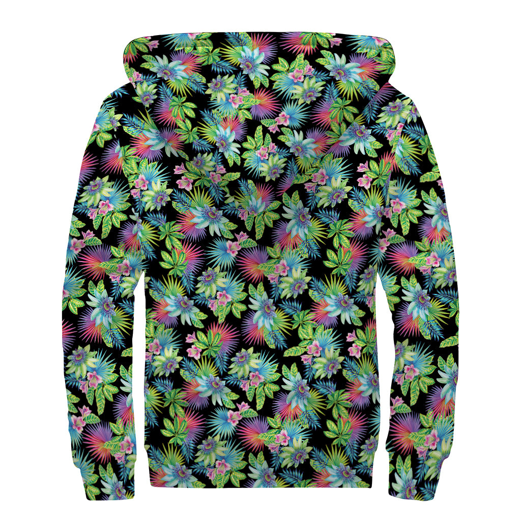 Psychedelic Hawaiian Flower Print Sherpa Lined Zip Up Hoodie