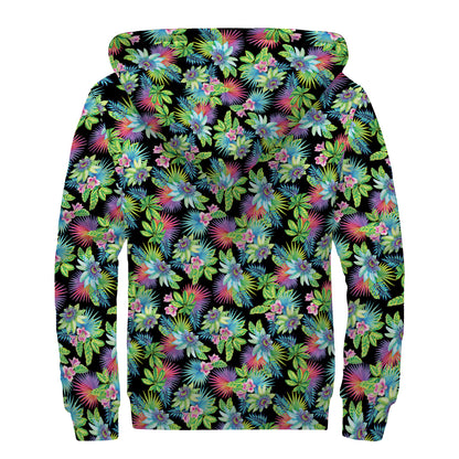 Psychedelic Hawaiian Flower Print Sherpa Lined Zip Up Hoodie