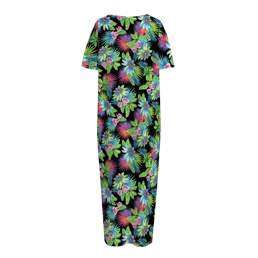 Psychedelic Hawaiian Flower Print Short Sleeve Long Nightdress