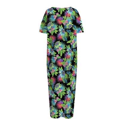 Psychedelic Hawaiian Flower Print Short Sleeve Long Nightdress