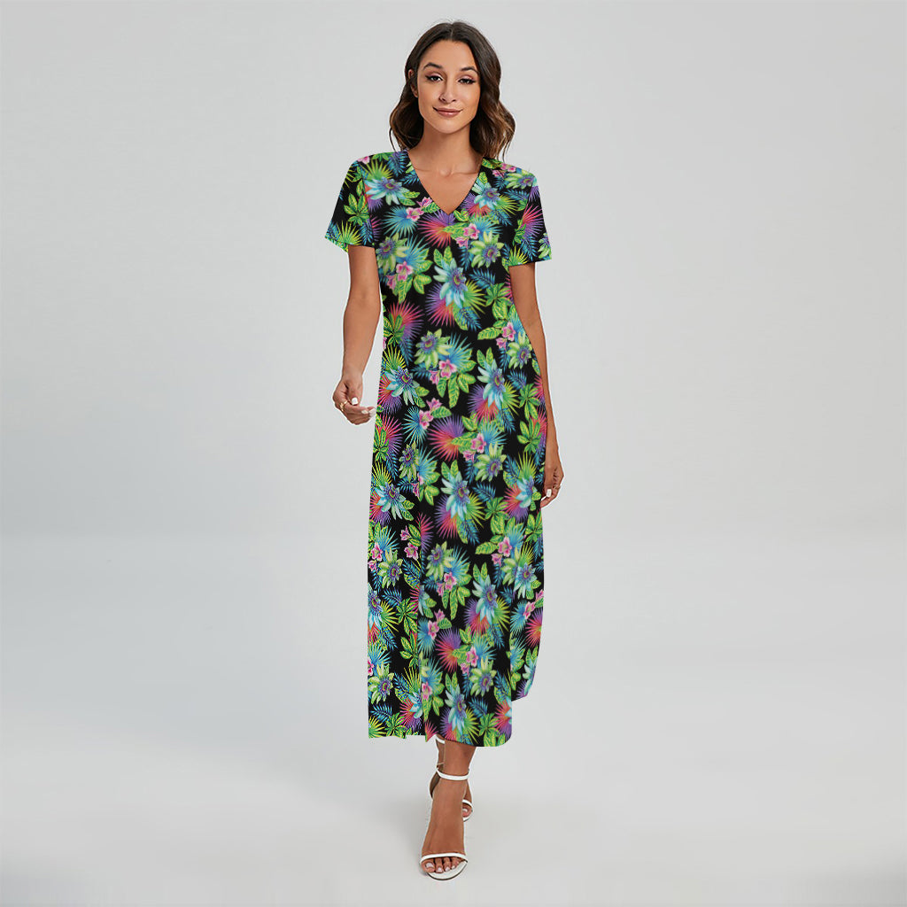 Psychedelic Hawaiian Flower Print Short Sleeve Maxi Dress