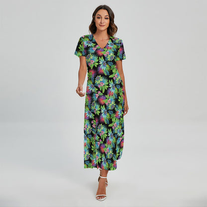 Psychedelic Hawaiian Flower Print Short Sleeve Maxi Dress