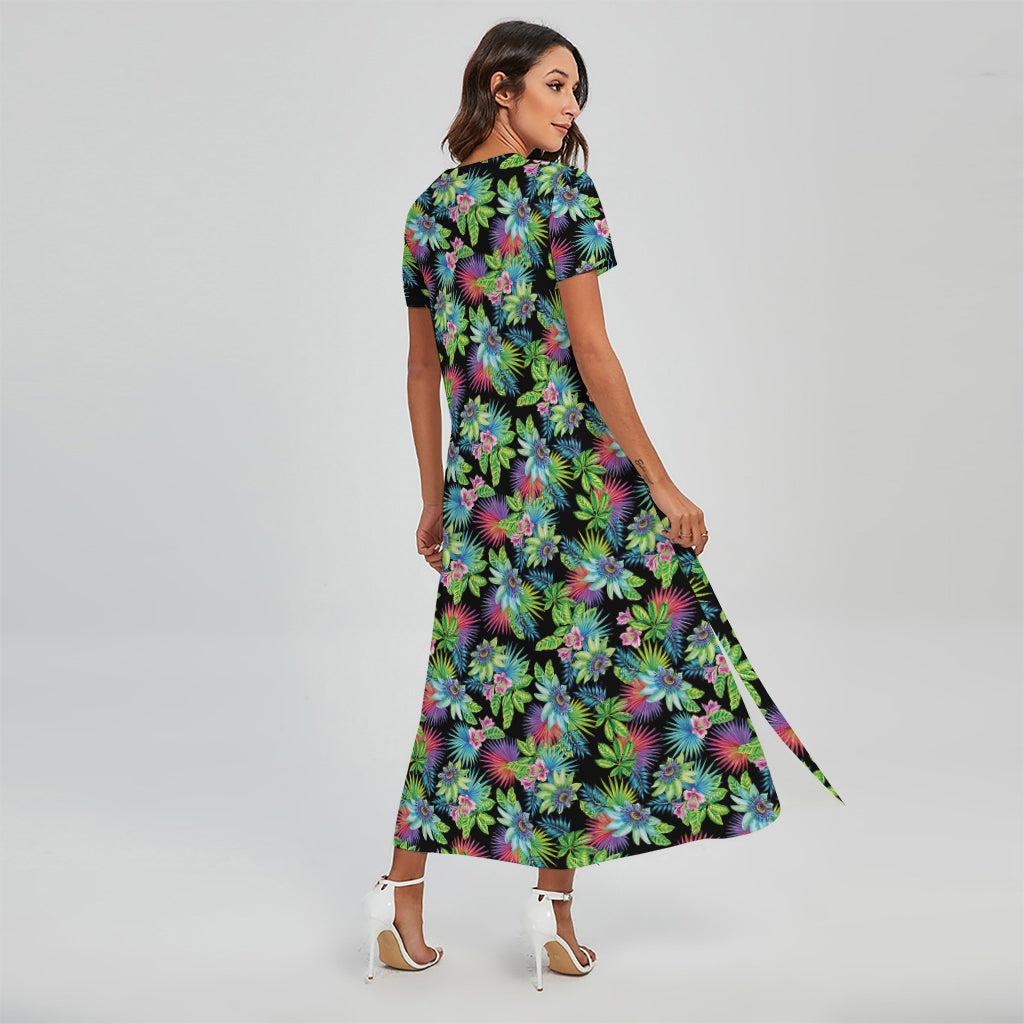 Psychedelic Hawaiian Flower Print Short Sleeve Maxi Dress