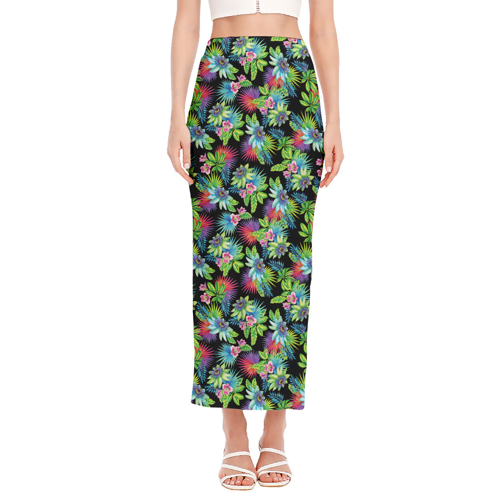 Psychedelic Hawaiian Flower Print Side Slit Maxi Skirt