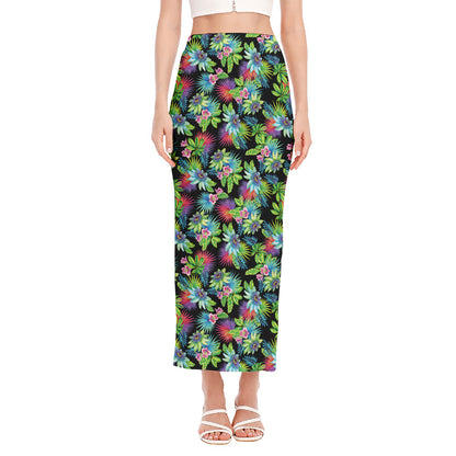 Psychedelic Hawaiian Flower Print Side Slit Maxi Skirt