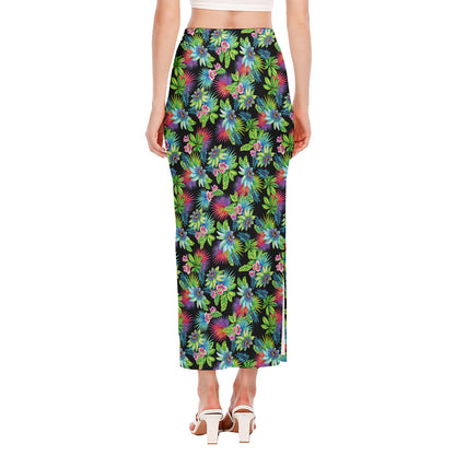 Psychedelic Hawaiian Flower Print Side Slit Maxi Skirt