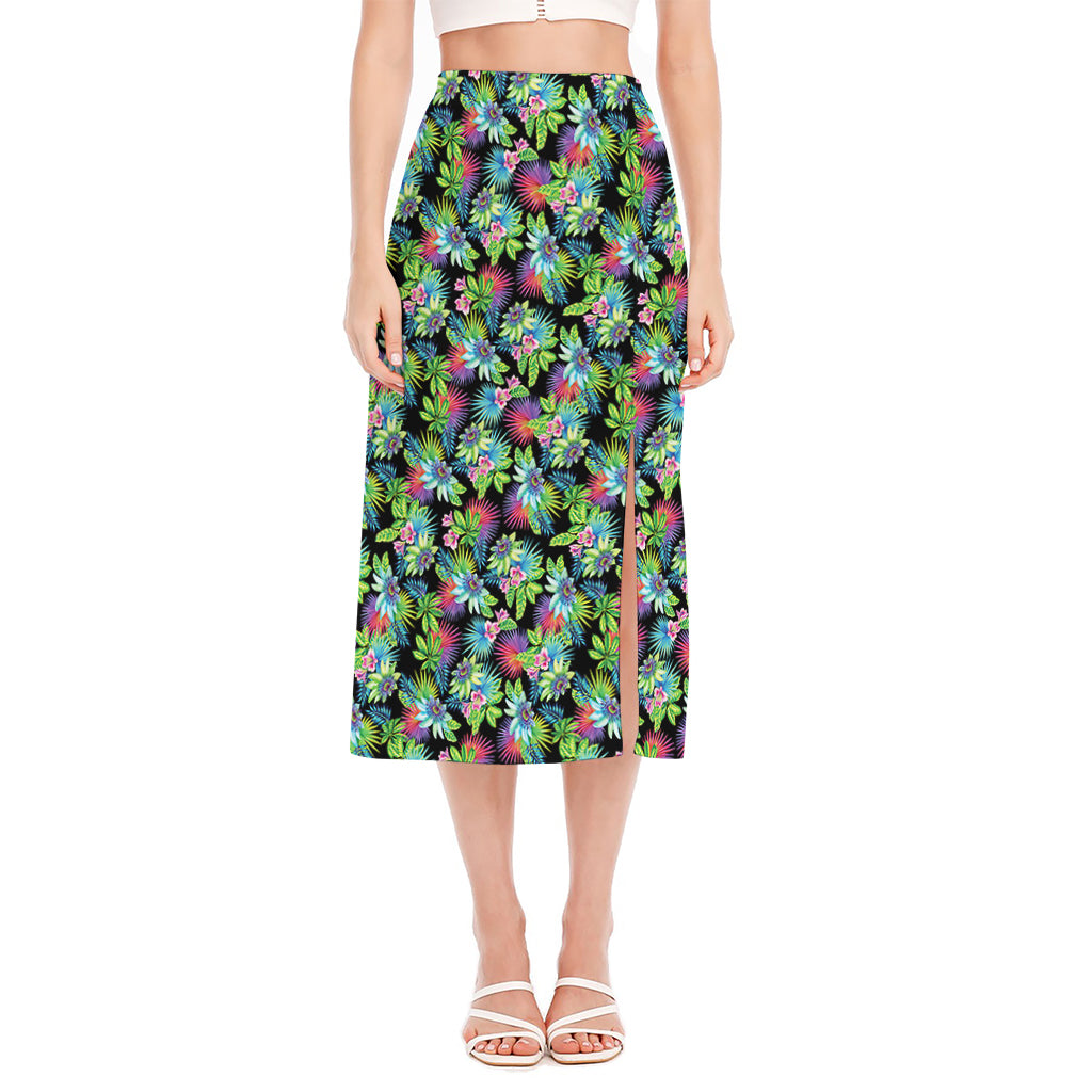 Psychedelic Hawaiian Flower Print Side Slit Midi Skirt