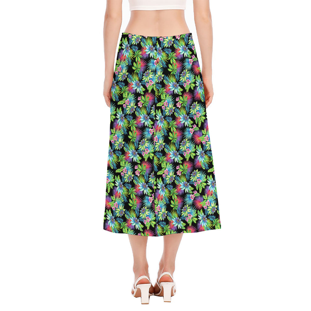 Psychedelic Hawaiian Flower Print Side Slit Midi Skirt