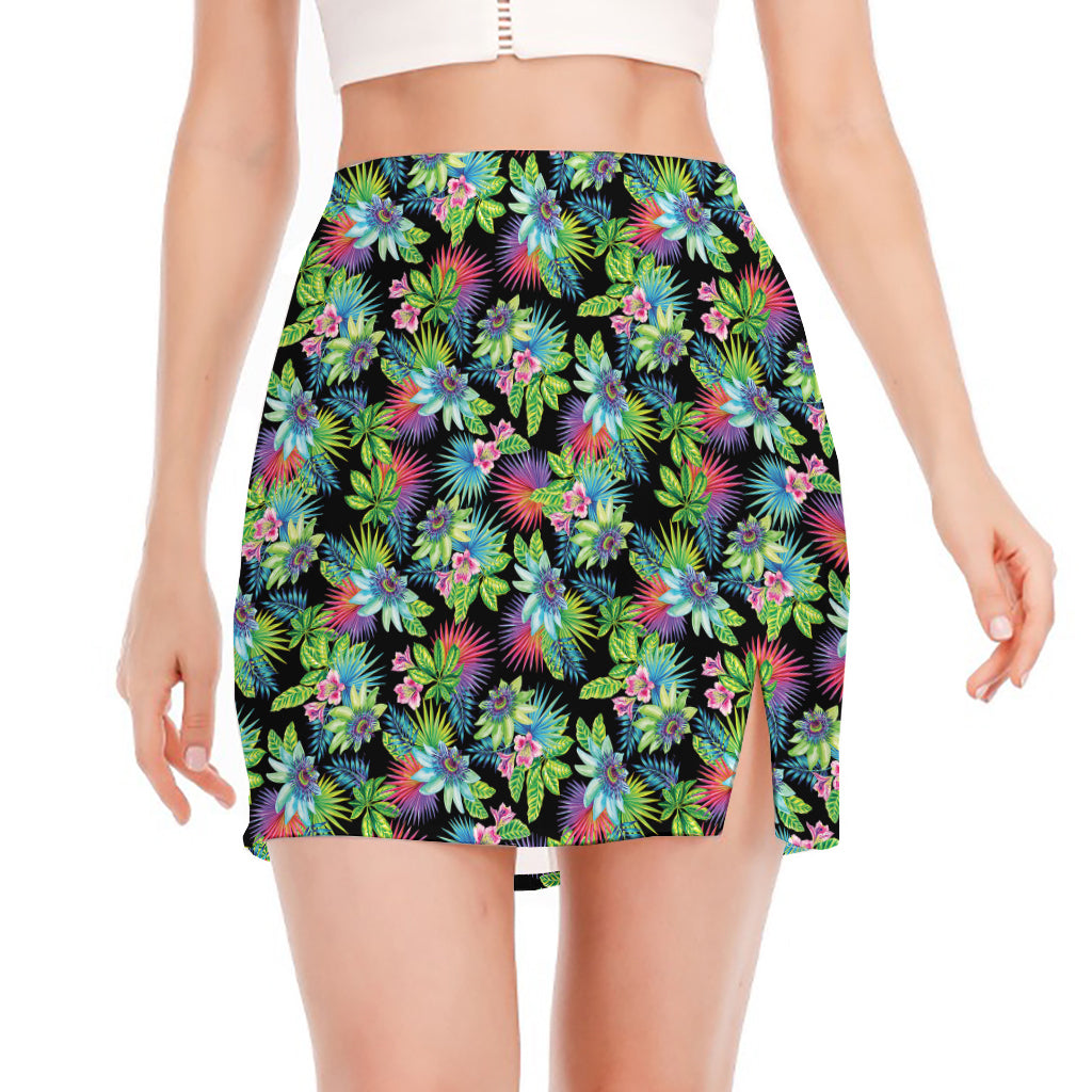 Psychedelic Hawaiian Flower Print Side Slit Mini Skirt