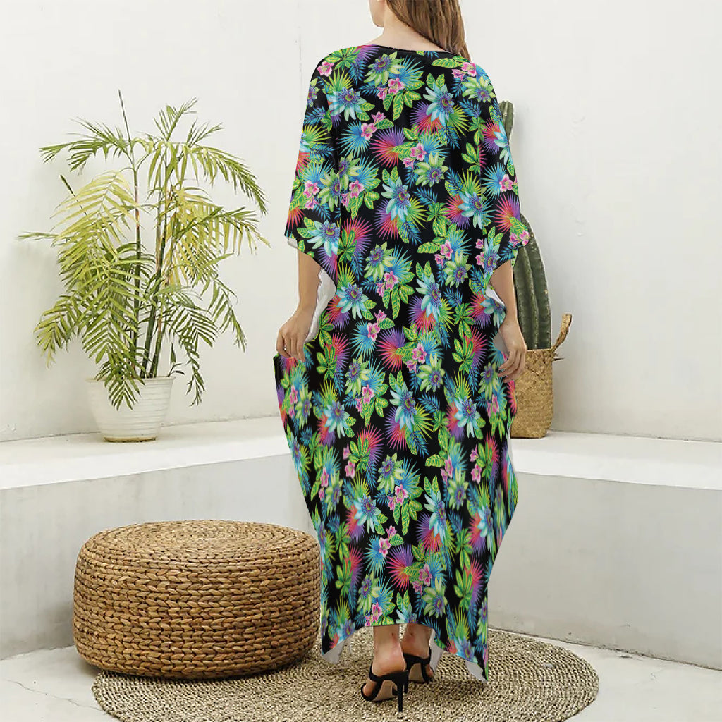 Psychedelic Hawaiian Flower Print Silk V-Neck Kaftan Dress