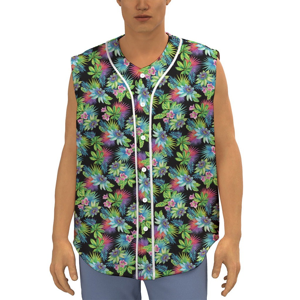Psychedelic Hawaiian Flower Print Sleeveless Baseball Jersey