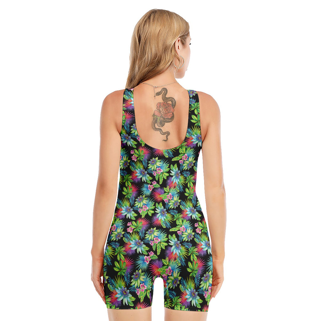 Psychedelic Hawaiian Flower Print Sleeveless One Piece Swimsuit