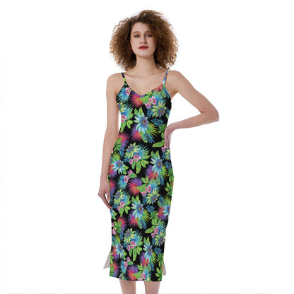 Psychedelic Hawaiian Flower Print Slim Fit Midi Cami Dress