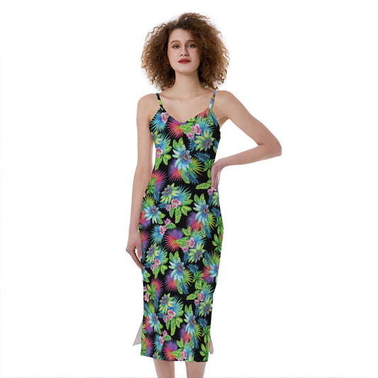 Psychedelic Hawaiian Flower Print Slim Fit Midi Cami Dress
