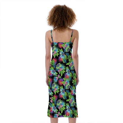 Psychedelic Hawaiian Flower Print Slim Fit Midi Cami Dress