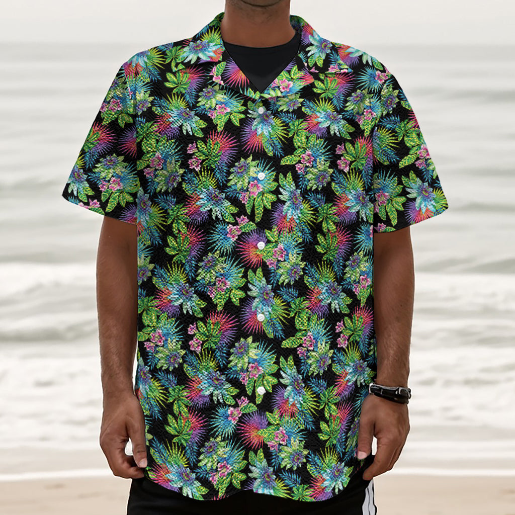 Psychedelic Hawaiian Flower Print Textured Short Sleeve Shirt