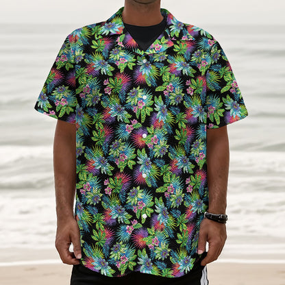 Psychedelic Hawaiian Flower Print Textured Short Sleeve Shirt