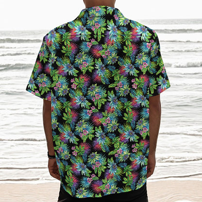 Psychedelic Hawaiian Flower Print Textured Short Sleeve Shirt