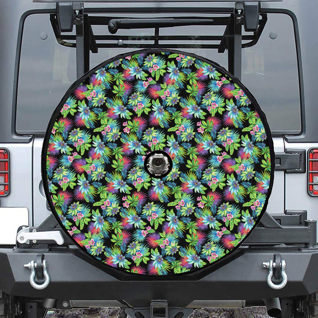 Psychedelic Hawaiian Flower Print Tire Cover With Camera Hole