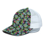 Psychedelic Hawaiian Flower Print White Mesh Trucker Cap