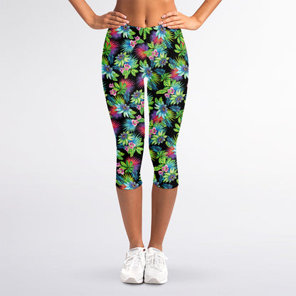 Psychedelic Hawaiian Flower Print Women's Capri Leggings