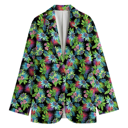 Psychedelic Hawaiian Flower Print Women's Cotton Blazer